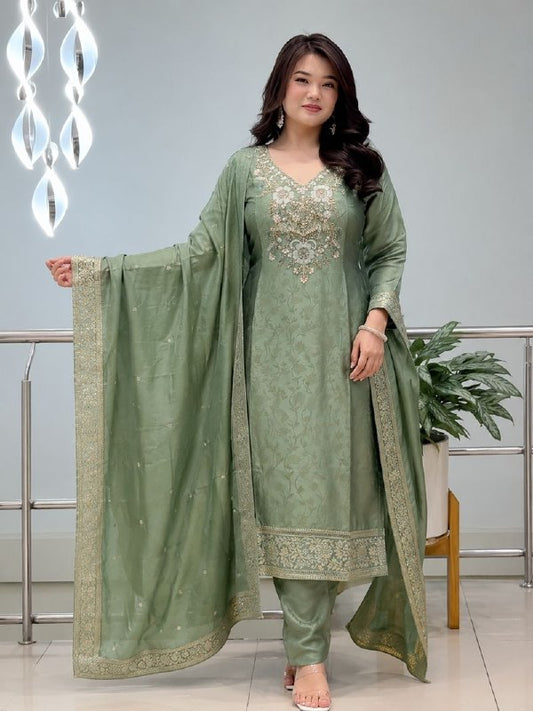 by Women's Pure Malay Glass Tissue with Kanjivaram Handwork Nack Kurta Pent with Dupatta Suit Set.