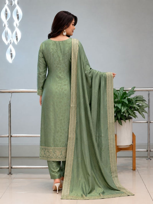 by Women's Pure Malay Glass Tissue with Kanjivaram Handwork Nack Kurta Pent with Dupatta Suit Set.