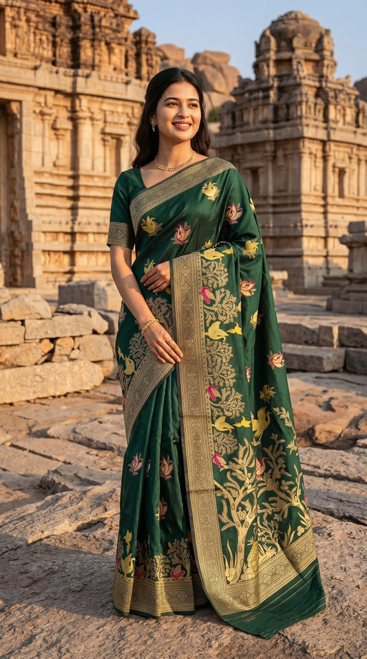 Emerald Green Designer Saree with Antique Gold Zari Border & Floral-Peacock Motifs