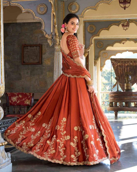 Women Rust Silk Blend Embroidered Lehenga Choli Set with Dupatta