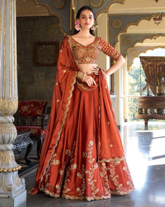 Women Rust Silk Blend Embroidered Lehenga Choli Set with Dupatta