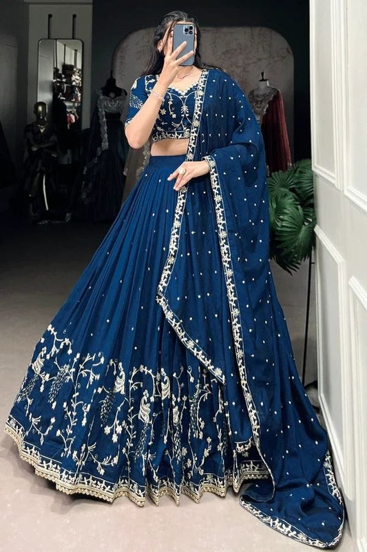 Royal Navy Blue Designer Anarkali Suit with White Embroidered Border & Dupatta