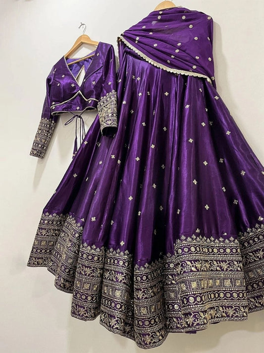 Royal Purple Velvet Anarkali Lehenga Set with Intricate Embroidered Border & Dupatta