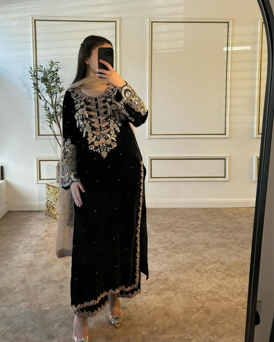 Black Embroidered Anarkali Suit Set with Palazzo & Dupatta