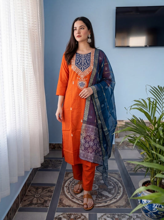 Embroidered Cotton Kurta Set with Printed Dupatta