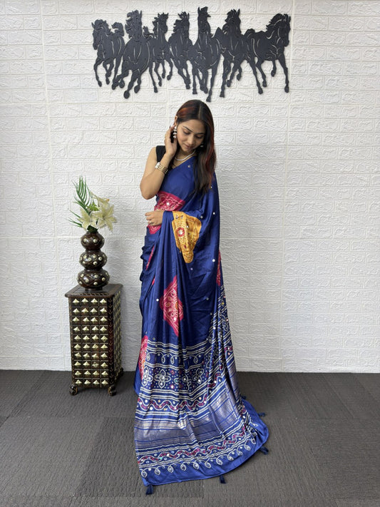 Bandhani Mirror Work Satin Designer Bandhani Saree