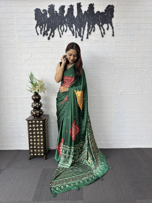 Bandhani Mirror Work Satin Designer Bandhani Saree