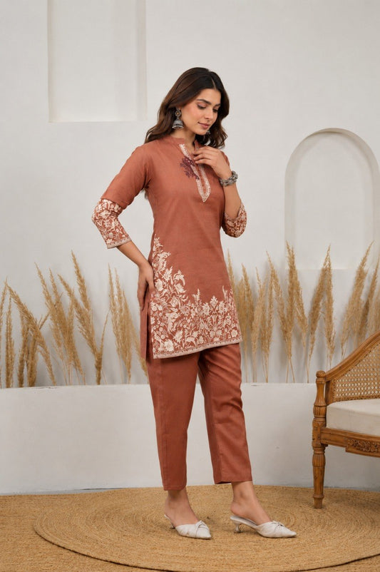 Rust Brown Floral Printed Straight Kurta Pant Set