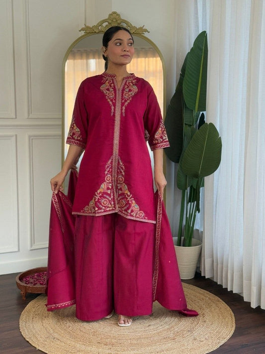 Women Ethnic Motifs Embroidered Regular Thread Work Chanderi Silk Kurta with Palazzos & With Dupatta
