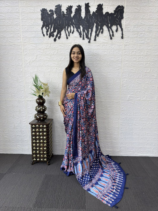 Floral Mirror Work Satin Designer Saree
