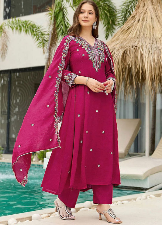 Rani Pink Embroidered Anarkali Kurta with Dupatta & Pants