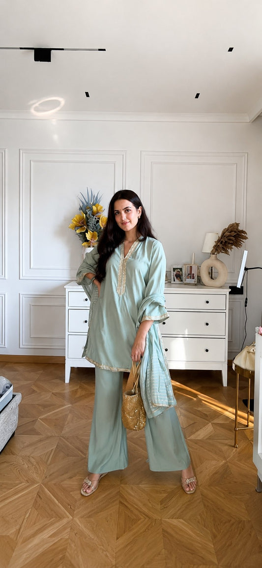 Ethnic Motifs Embroidered Thread Work Kurta with Palazzos & With Dupatta
