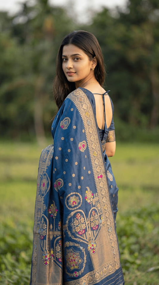 Royal Blue Designer Saree with Rich Gold Zari Border & Elegant Traditional Motifs