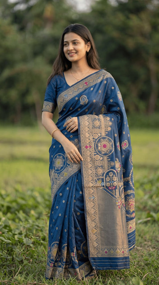 Royal Blue Designer Saree with Rich Gold Zari Border & Elegant Traditional Motifs