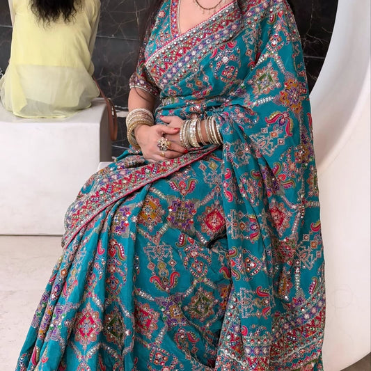 Turquoise Blue Designer Embroidered Saree with Multicolor Mirror Work & Printed Border