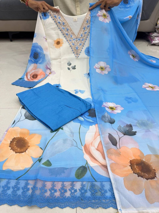 Soft Cotton Chiffon Designer 3 Piece Suit Set