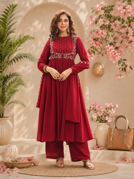 Women Ethnic Motifs Embroidered Empire Kurta with Palazzos & With Dupatta