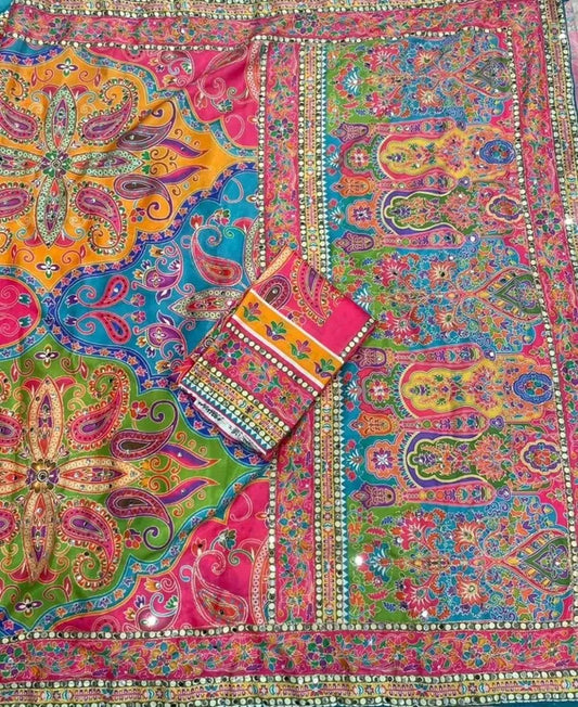 Royal Peacock Multicolor Designer Silk Saree with Mirror Work & Embellished Border