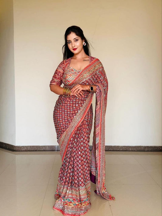 Royal Maroon Multicolor Mirror Work Designer Saree