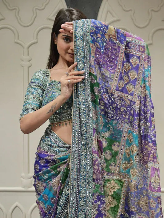 Surreptitious Multicolor Chinon Silk Printed Mirror Work Saree