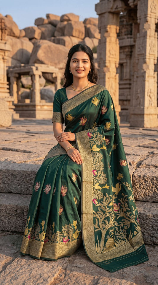 Emerald Green Designer Saree with Antique Gold Zari Border & Floral-Peacock Motifs