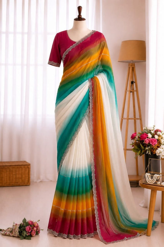 Star Georgette Digital Print Jarkan Work Saree