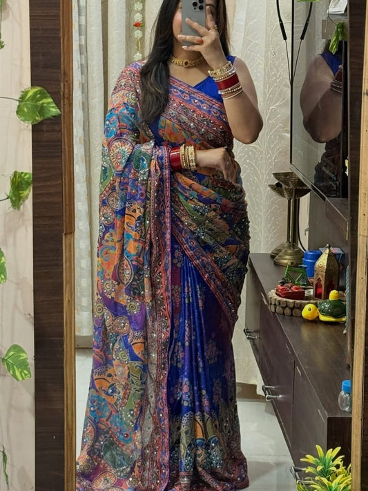 Digital Printed Saree with Multicolor Ethnic Motifs & Real Mirrol Work