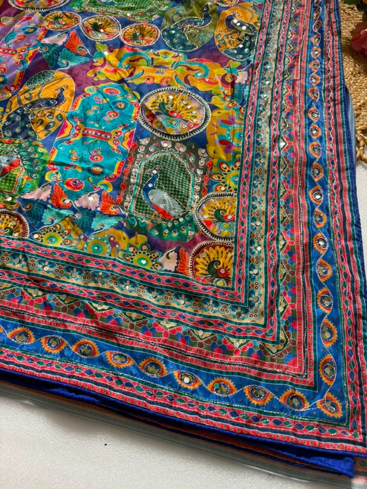 Digital Printed Saree with Multicolor Ethnic Motifs & Real Mirrol Work