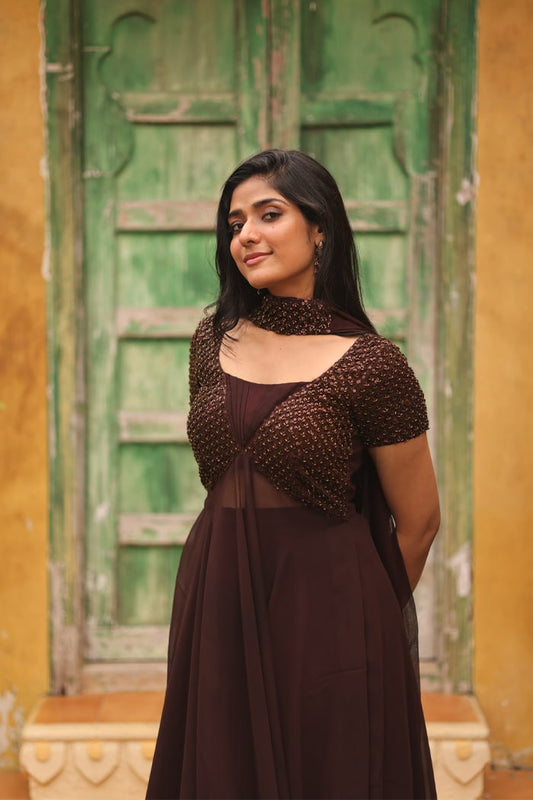 Elegant Chocolate Brown Anarkali Suit with Embellished Bodice & Matching Dupatta