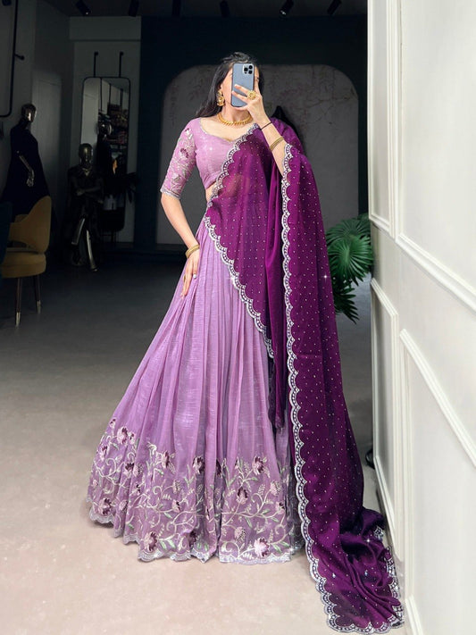 Silver Glosy and Embroidery Work Lehenga With Dupatta