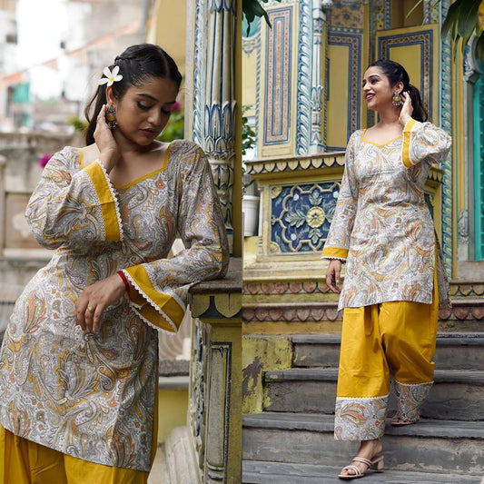 Mustard Yellow Printed Kurta with Paisley Pattern & Elegant Border Detail