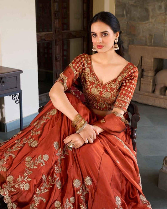 Women Rust Silk Blend Embroidered Lehenga Choli Set with Dupatta