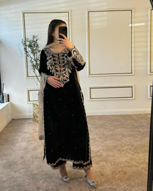Black Embroidered Anarkali Suit Set with Palazzo & Dupatta