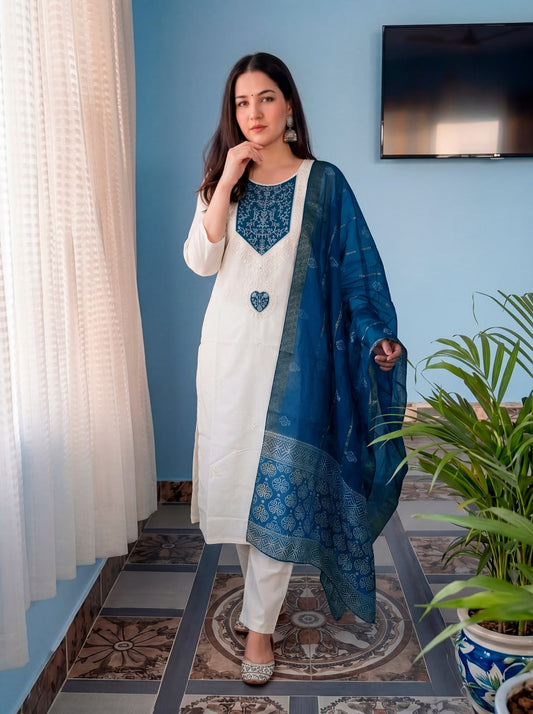 Embroidered Cotton Kurta Set with Printed Dupatta