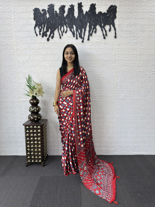 Women's  Printed Silk Natural Soft Real Mirror WorkSaree & Blouse (Unstitched).