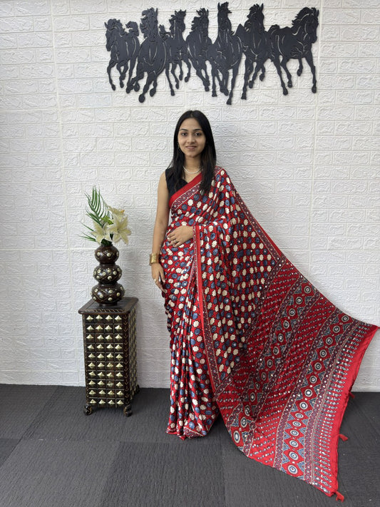 Women's  Printed Silk Natural Soft Real Mirror WorkSaree & Blouse (Unstitched).