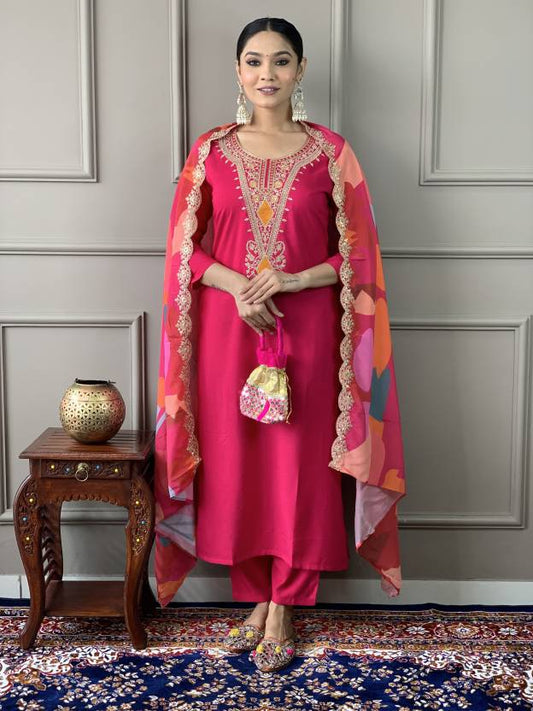 Women Ethnic Motifs Embroidered Regular Thread Work Kurta with Trousers & With Dupatta