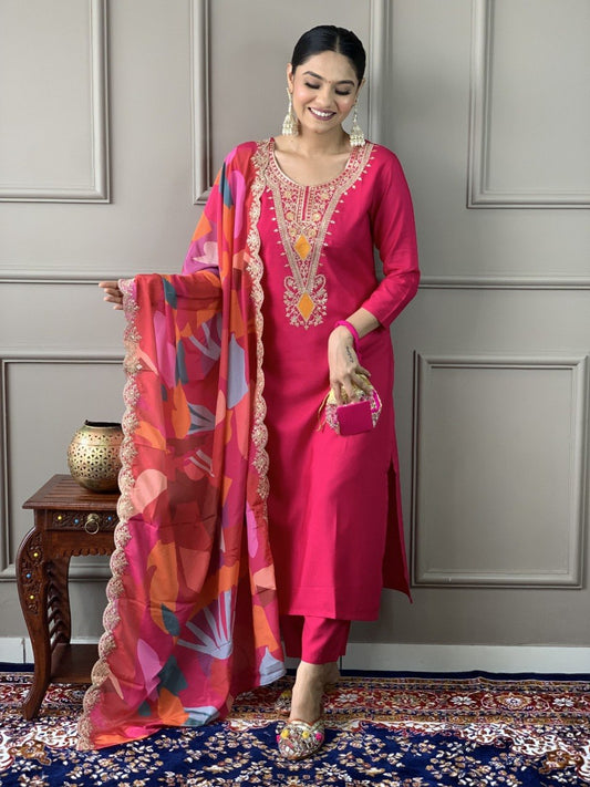 Women Ethnic Motifs Embroidered Regular Thread Work Kurta with Trousers & With Dupatta