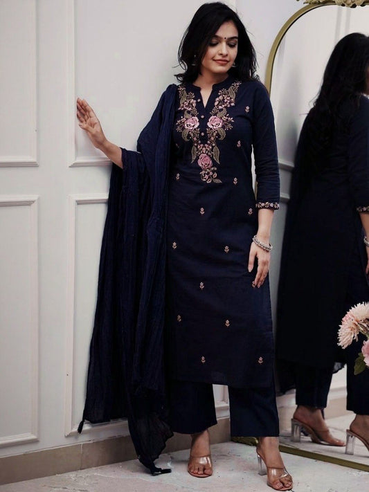 Women Floral Embroidered Regular Thread Work Kurta with Trousers & With Dupatta