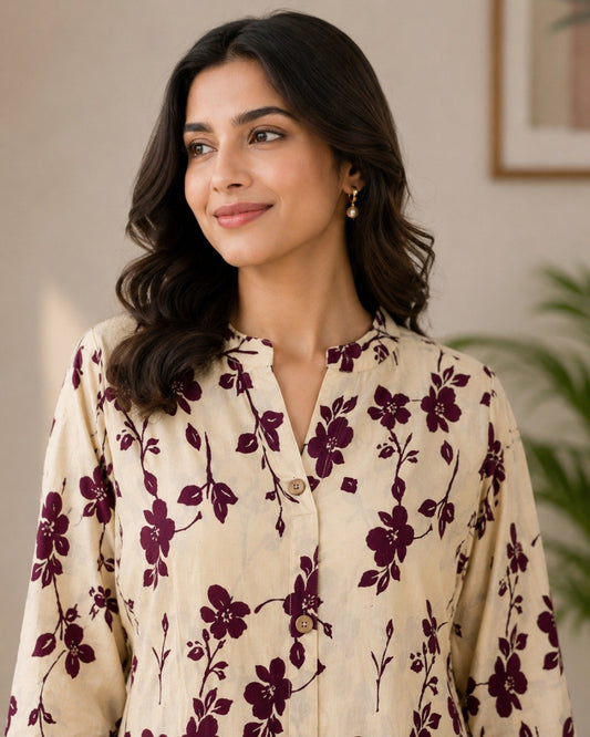 Elegant Cream & Burgundy Floral Printed Kurta Pant Set