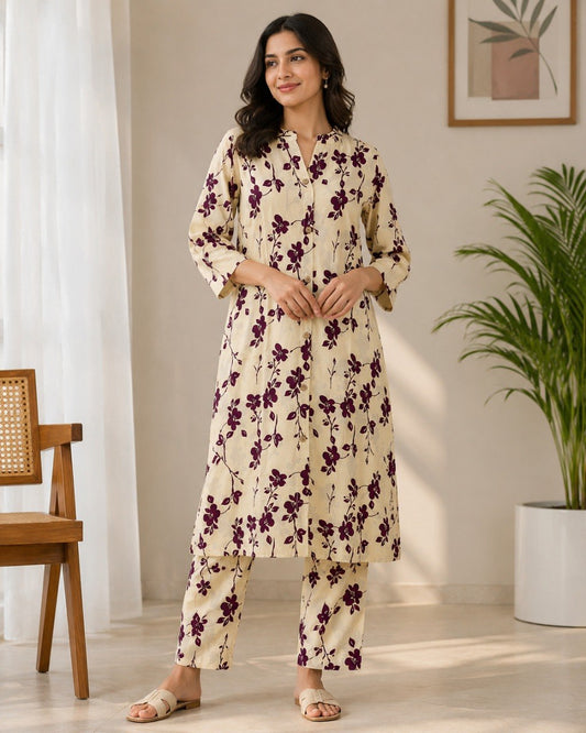Elegant Cream & Burgundy Floral Printed Kurta Pant Set