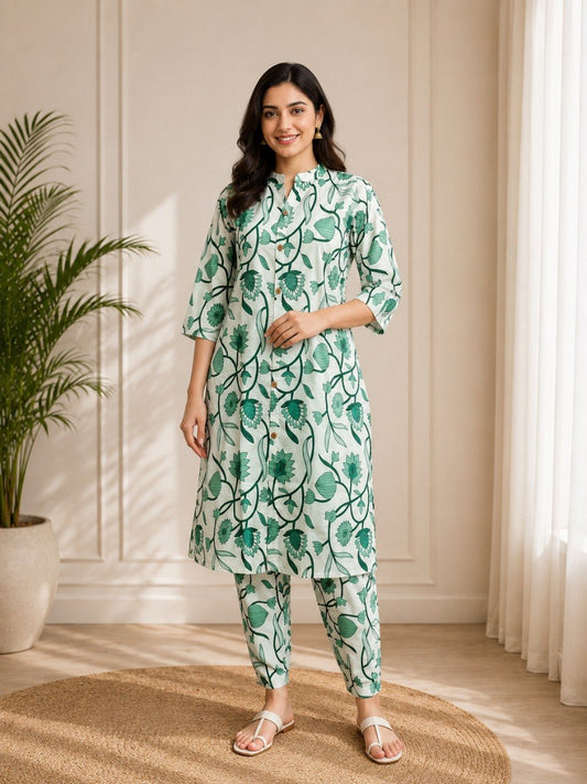 Emerald Green Printed Straight Kurta & Palazzo Set