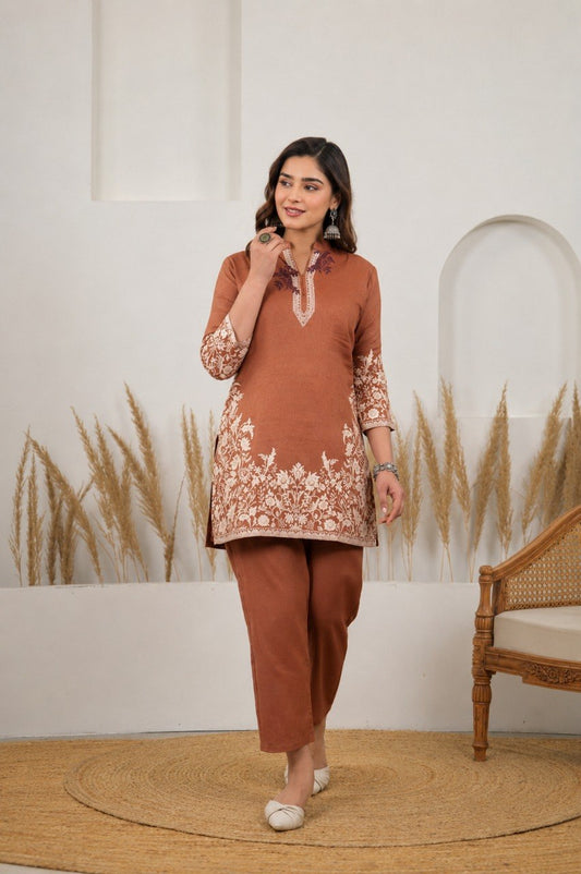 Rust Brown Floral Printed Straight Kurta Pant Set