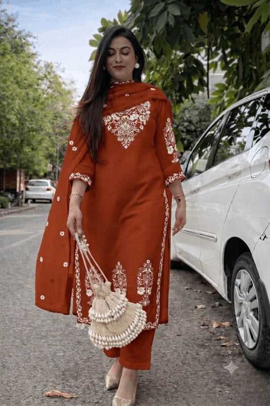 Women Ethnic Motifs Embroidered Kurta with Trousers & With Dupatta