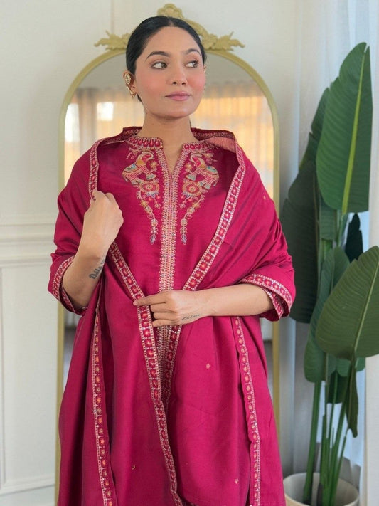Women Ethnic Motifs Embroidered Regular Thread Work Chanderi Silk Kurta with Palazzos & With Dupatta