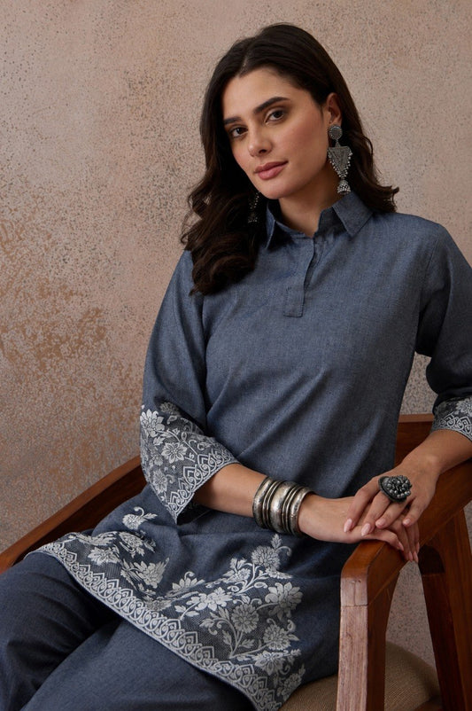 Elegant Charcoal Grey Floral Printed Kurta Pant Set