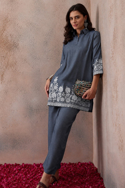 Elegant Charcoal Grey Floral Printed Kurta Pant Set