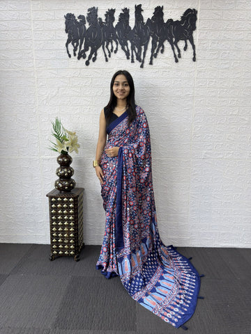 Floral Mirror Work Satin Designer Saree