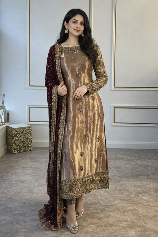 Women Ethnic Motifs Embroidered Regular Thread Work Chanderi Silk Kurta with Trousers & Wit