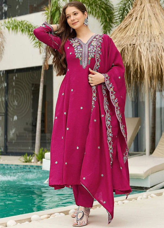 Rani Pink Embroidered Anarkali Kurta with Dupatta & Pants